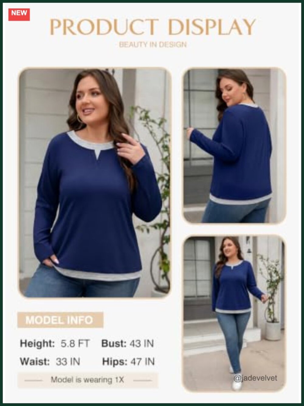 Plus Size Long Sleeve Crewneck Color Block Patchwork Top 1X-5X - Picture 4 of 6